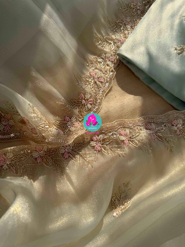 Cerulean Frost & Silver Mist: Hand-Embroidered Light Pastel Blue Tissue Saree