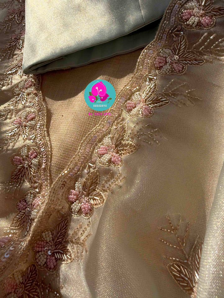 Cerulean Frost & Silver Mist: Hand-Embroidered Light Pastel Blue Tissue Saree
