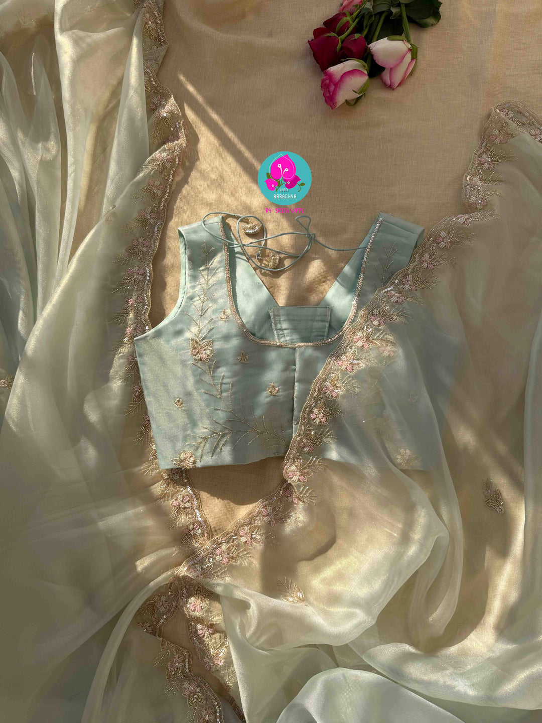 Cerulean Frost & Silver Mist: Hand-Embroidered Light Pastel Blue Tissue Saree