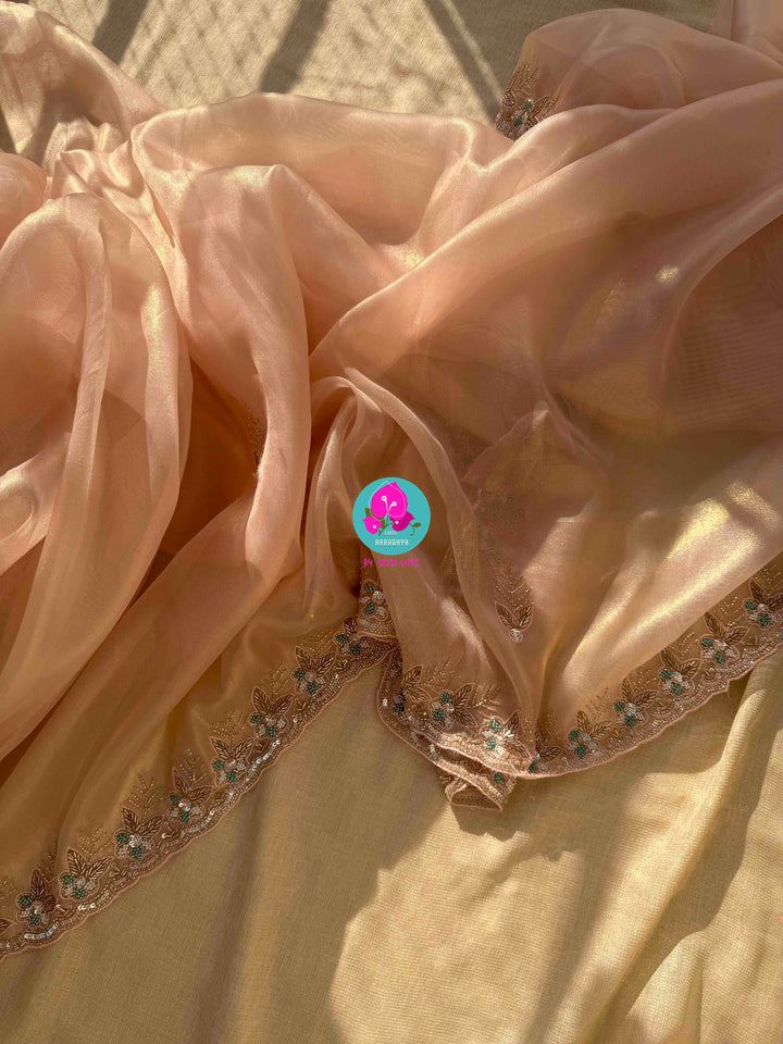 Nectar & Moonlight: Hand-Embroidered Peach & Rose Gold Tissue Saree