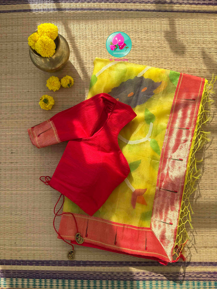 Sunlit Loom Artistry: Lemon Yellow Muslin Silk Jamdani Saree with Crimson Paithani Border & Raw Silk Puff Blouse