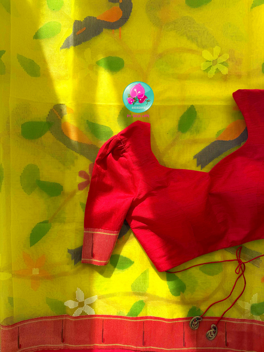 Sunlit Loom Artistry: Lemon Yellow Muslin Silk Jamdani Saree with Crimson Paithani Border & Raw Silk Puff Blouse