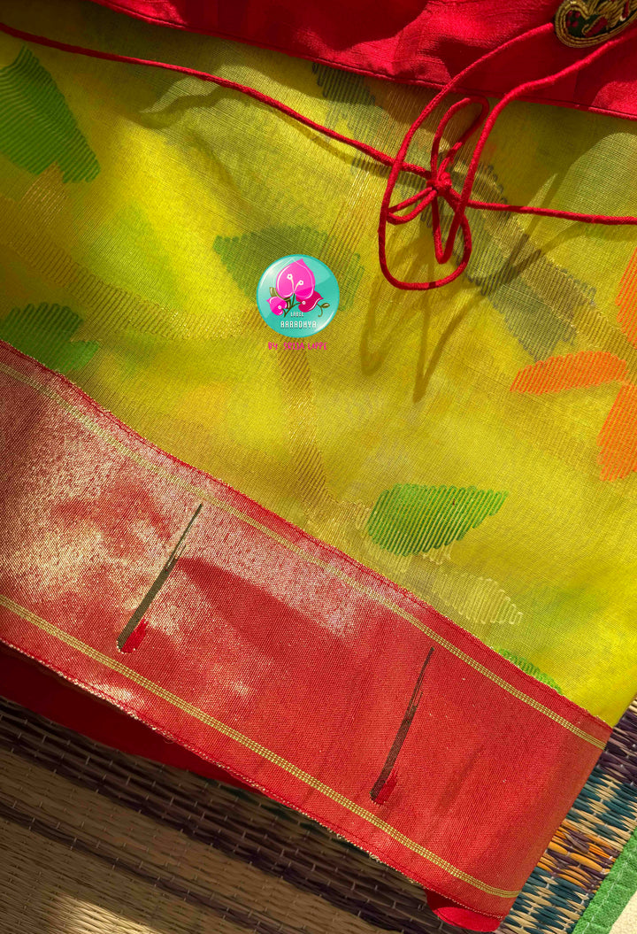Sunlit Loom Artistry: Lemon Yellow Muslin Silk Jamdani Saree with Crimson Paithani Border & Raw Silk Puff Blouse