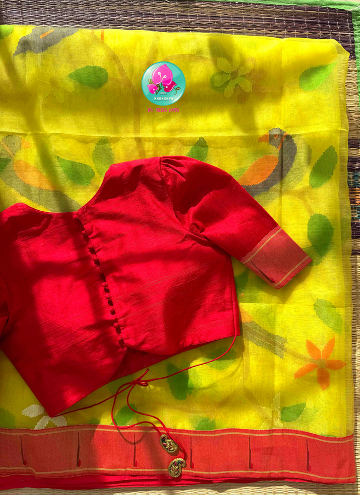 Sunlit Loom Artistry: Lemon Yellow Muslin Silk Jamdani Saree with Crimson Paithani Border & Raw Silk Puff Blouse