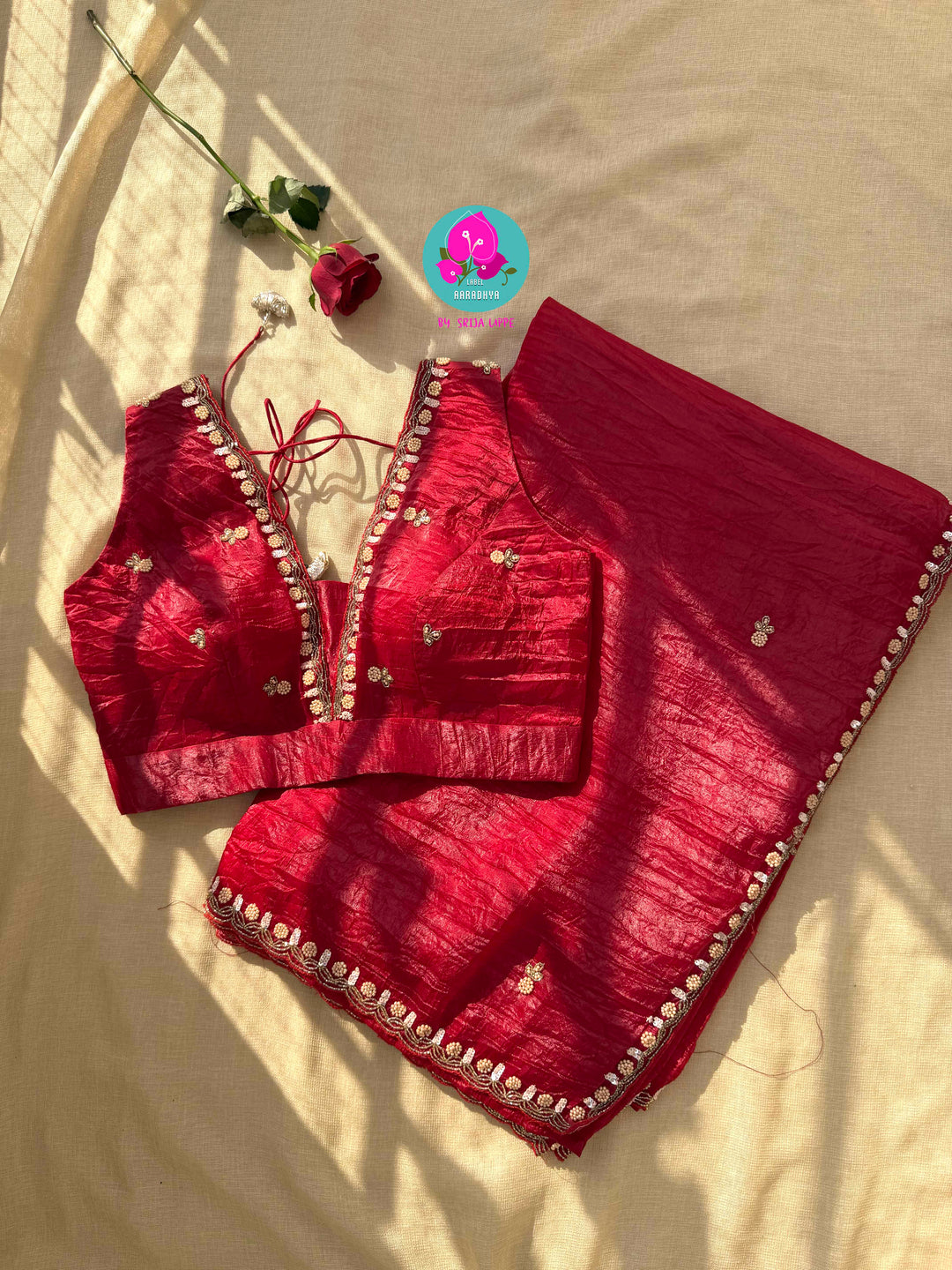 The Crimson Muse: Soft Crushed Scarlet Organza with Hand-Woven Enchantment