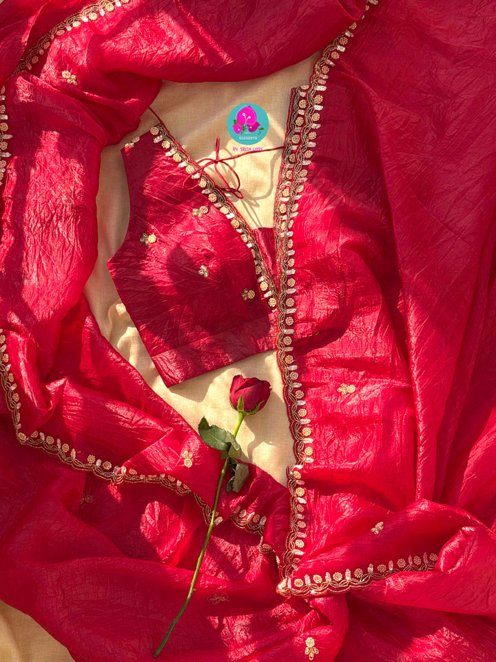 The Crimson Muse: Soft Crushed Scarlet Organza with Hand-Woven Enchantment