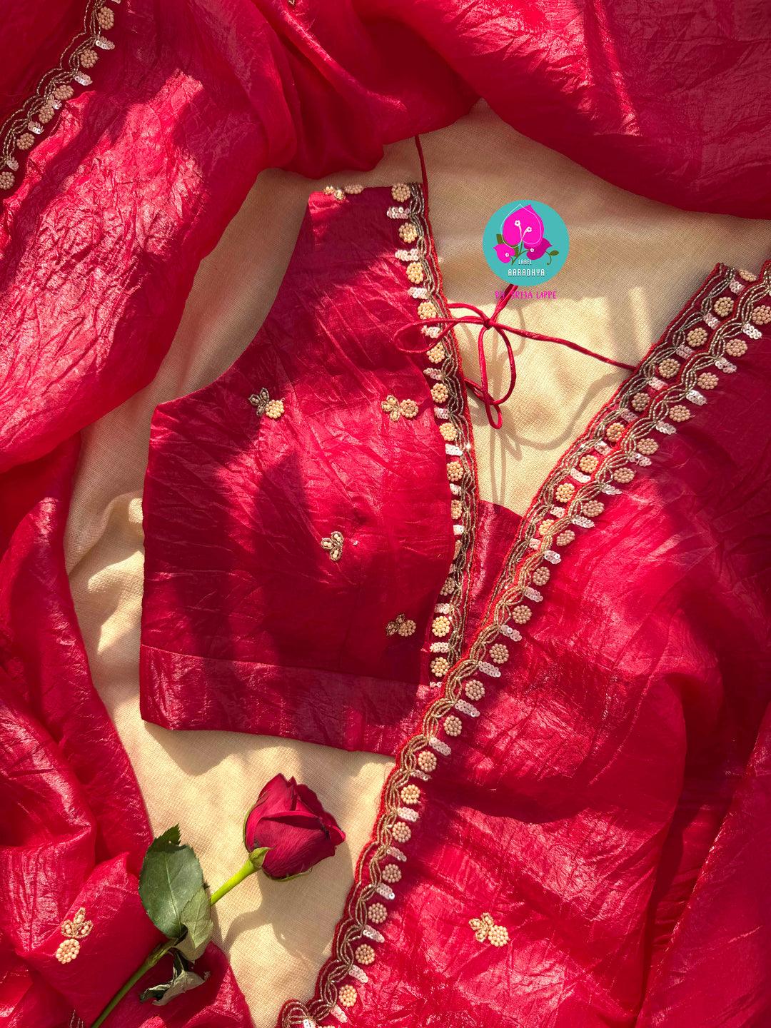 The Crimson Muse: Soft Crushed Scarlet Organza with Hand-Woven Enchantment