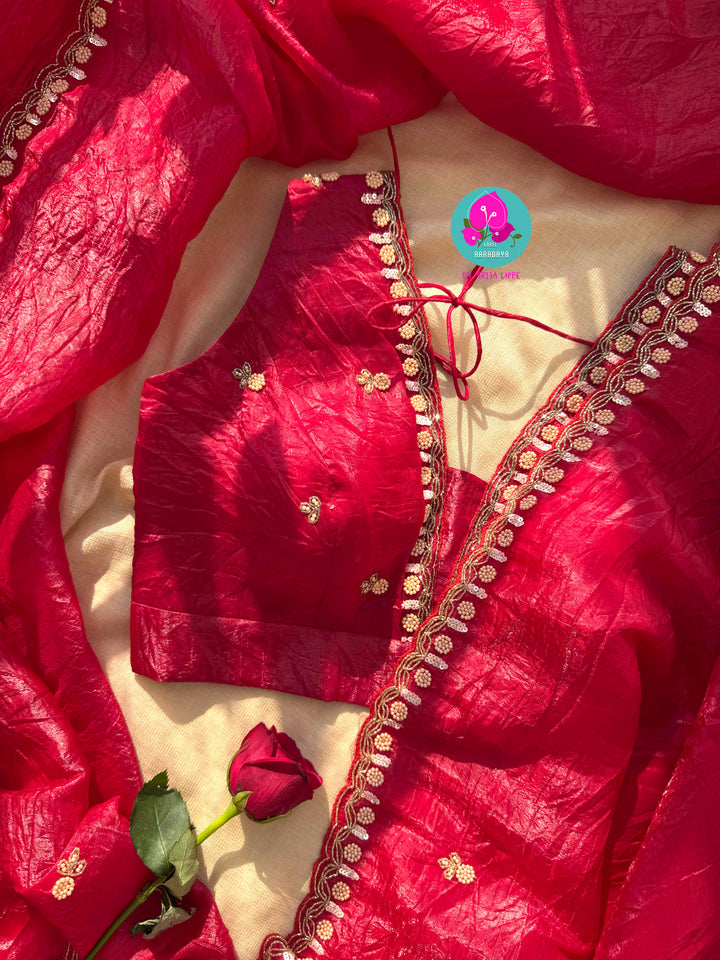 The Crimson Muse: Soft Crushed Scarlet Organza with Hand-Woven Enchantment