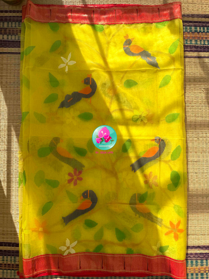 Sunlit Loom Artistry: Lemon Yellow Muslin Silk Jamdani Saree with Crimson Paithani Border & Raw Silk Puff Blouse