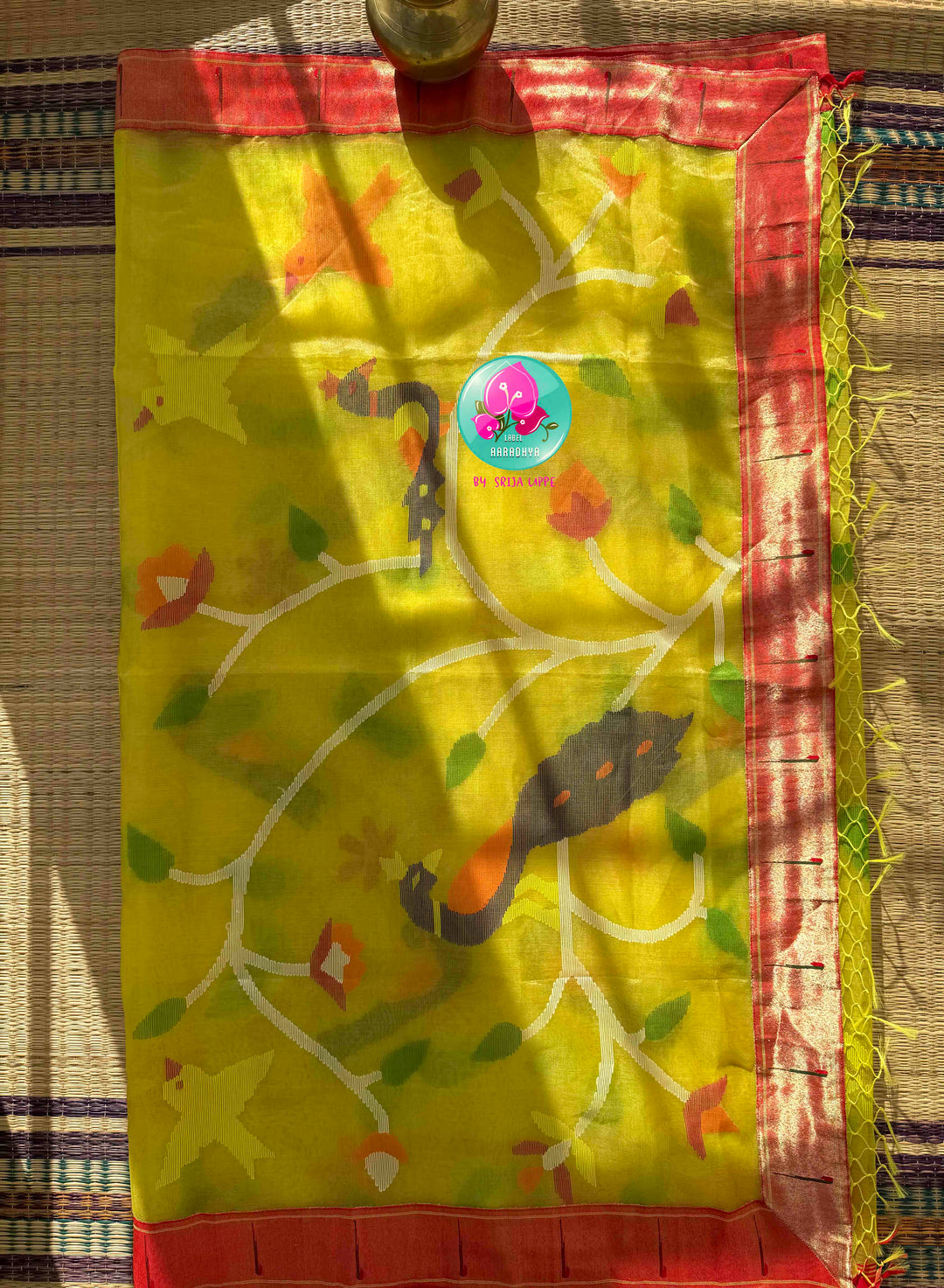 Sunlit Loom Artistry: Lemon Yellow Muslin Silk Jamdani Saree with Crimson Paithani Border & Raw Silk Puff Blouse