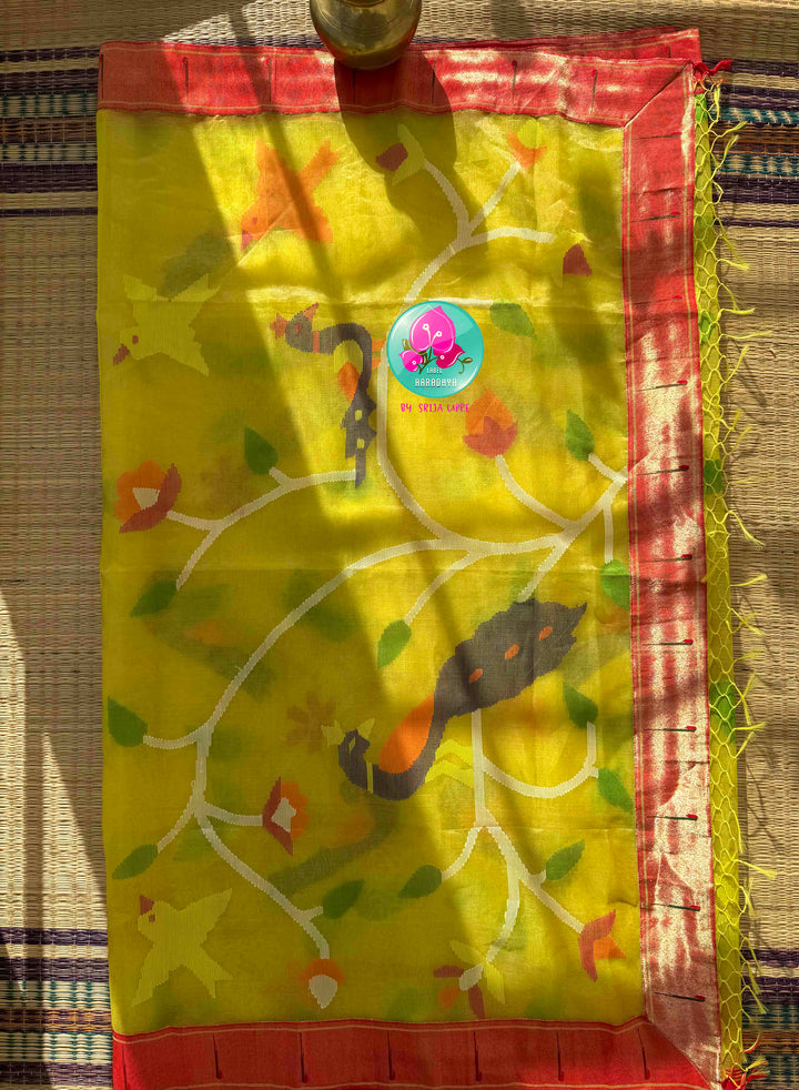 Sunlit Loom Artistry: Lemon Yellow Muslin Silk Jamdani Saree with Crimson Paithani Border & Raw Silk Puff Blouse