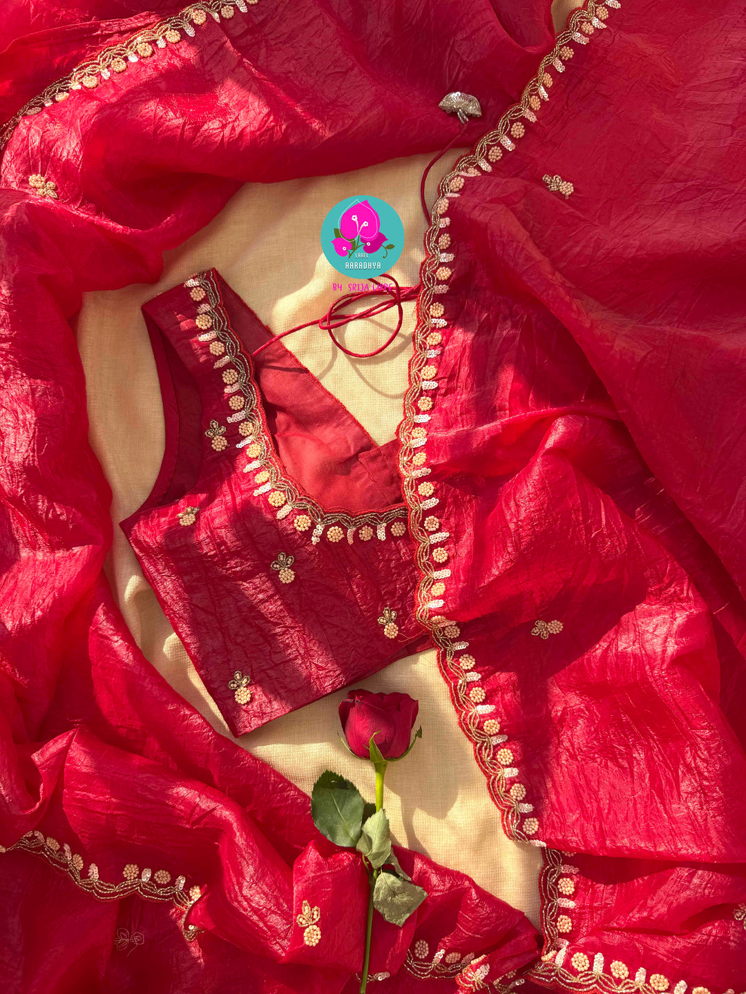 The Crimson Muse: Soft Crushed Scarlet Organza with Hand-Woven Enchantment