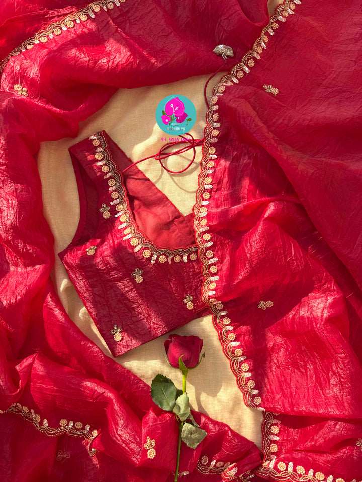 The Crimson Muse: Soft Crushed Scarlet Organza with Hand-Woven Enchantment
