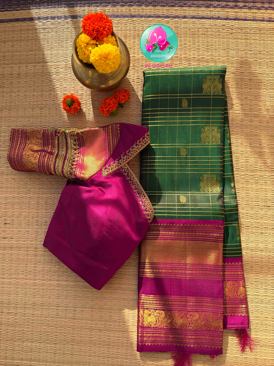 Majestic Heritage Classic: Bottle Green Kanchipattu Silk Saree with Magenta Pink Korvai Border & Maggam Blouse