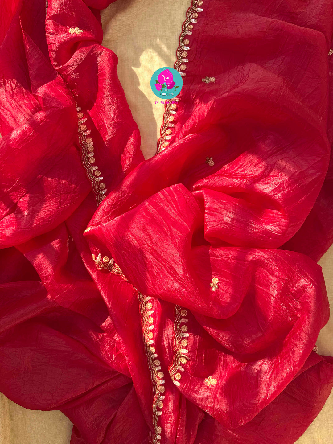 The Crimson Muse: Soft Crushed Scarlet Organza with Hand-Woven Enchantment