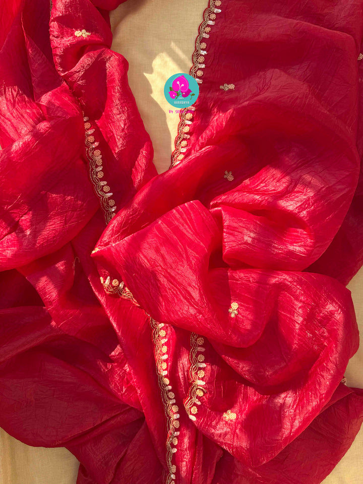 The Crimson Muse: Soft Crushed Scarlet Organza with Hand-Woven Enchantment