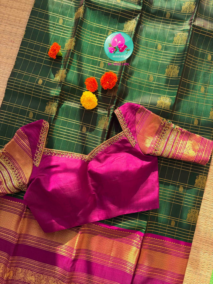 Majestic Heritage Classic: Bottle Green Kanchipattu Silk Saree with Magenta Pink Korvai Border & Maggam Blouse