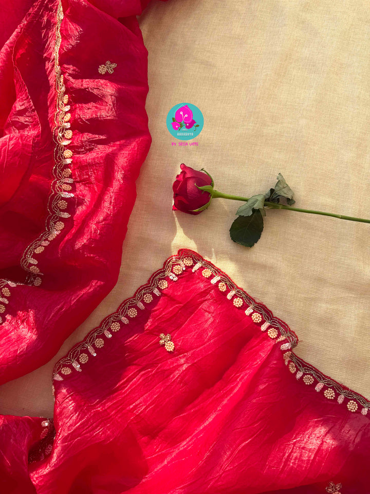 The Crimson Muse: Soft Crushed Scarlet Organza with Hand-Woven Enchantment