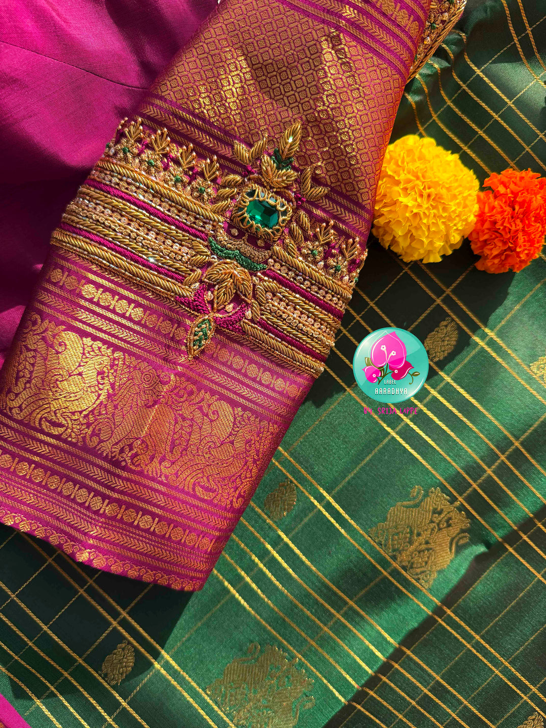 Majestic Heritage Classic: Bottle Green Kanchipattu Silk Saree with Magenta Pink Korvai Border & Maggam Blouse