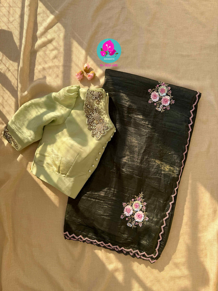 Verdant Mehendi Green Crushed Organza Saree with Starlit Sequins & Artisan Bodice