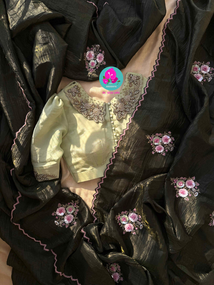 Verdant Mehendi Green Crushed Organza Saree with Starlit Sequins & Artisan Bodice