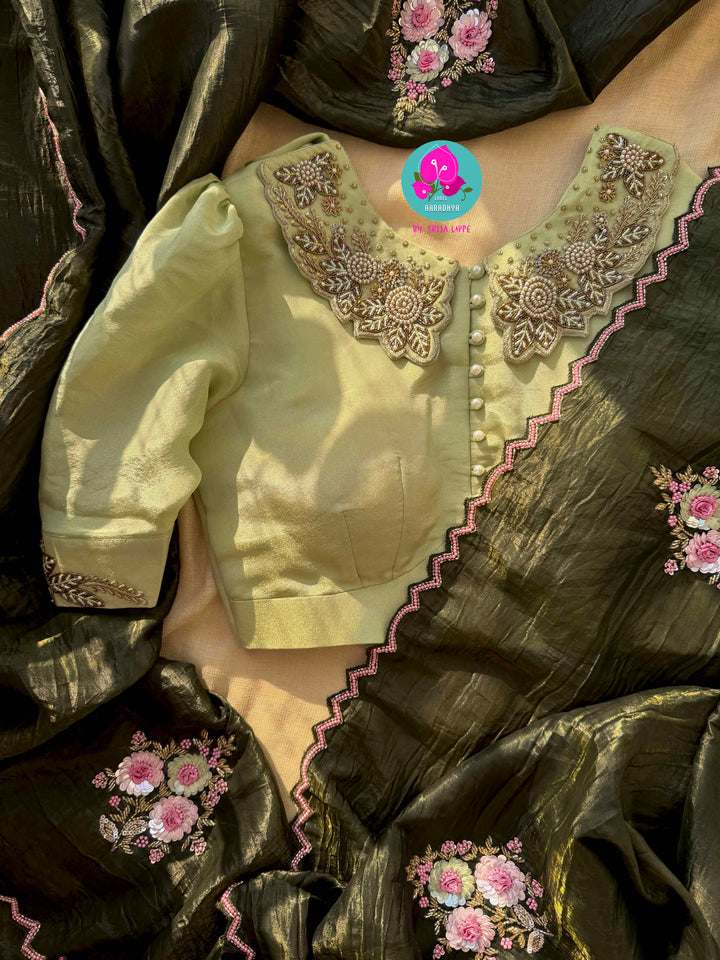 Verdant Mehendi Green Crushed Organza Saree with Starlit Sequins & Artisan Bodice