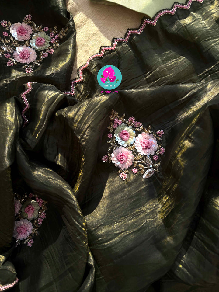 Verdant Mehendi Green Crushed Organza Saree with Starlit Sequins & Artisan Bodice
