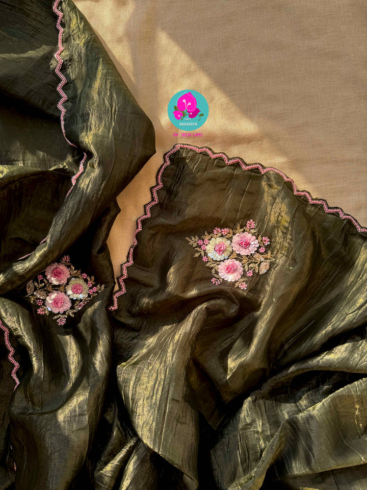 Verdant Mehendi Green Crushed Organza Saree with Starlit Sequins & Artisan Bodice