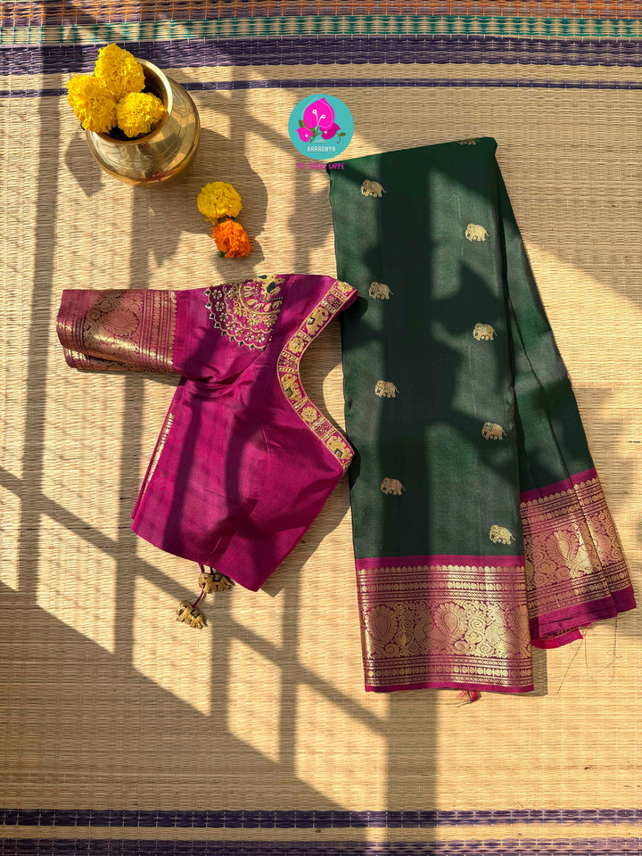 Vintage Majesty: Deep Bottle Green Pure Kanchipattu Saree with Hand-Woven Elephant Motifs & Magenta Glow