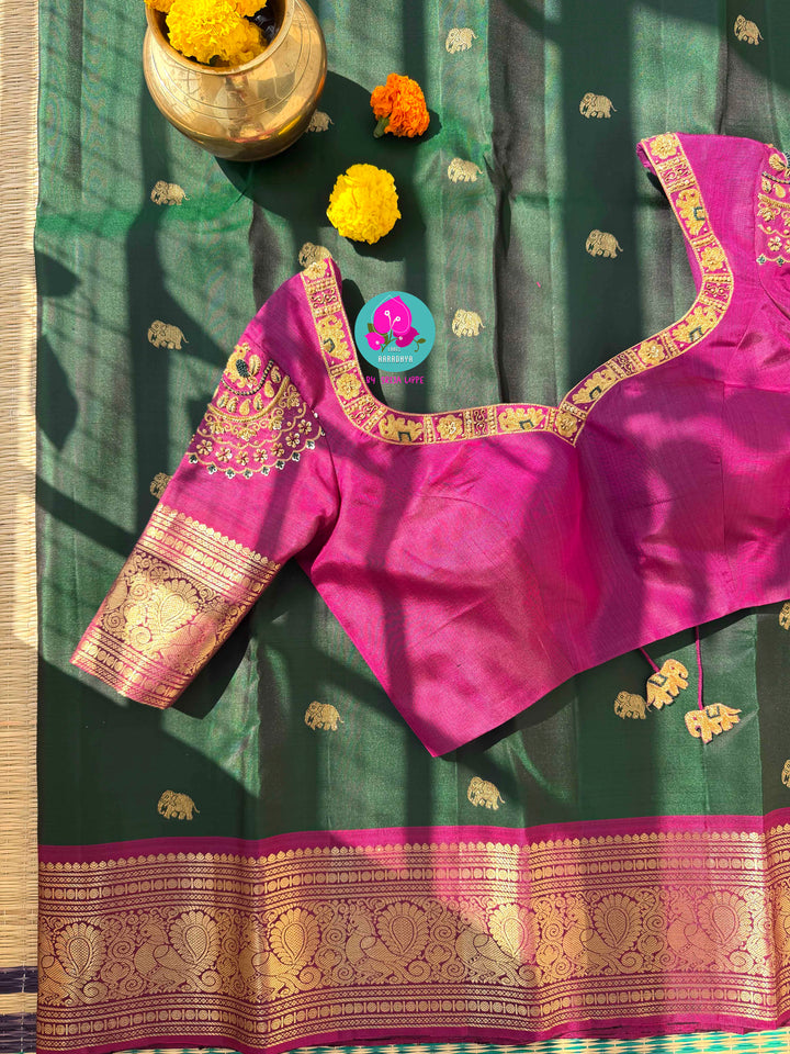 Vintage Majesty: Deep Bottle Green Pure Kanchipattu Saree with Hand-Woven Elephant Motifs & Magenta Glow