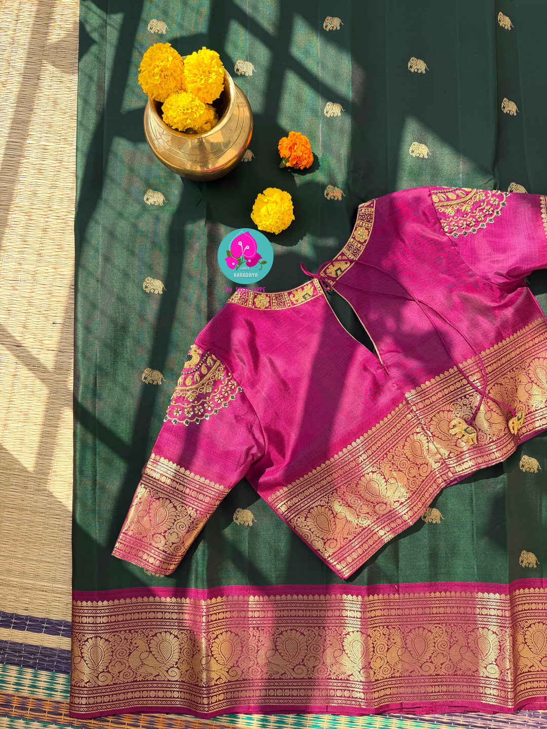 Vintage Majesty: Deep Bottle Green Pure Kanchipattu Saree with Hand-Woven Elephant Motifs & Magenta Glow