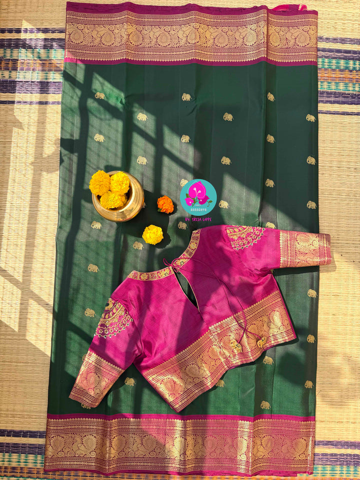 Vintage Majesty: Deep Bottle Green Pure Kanchipattu Saree with Hand-Woven Elephant Motifs & Magenta Glow