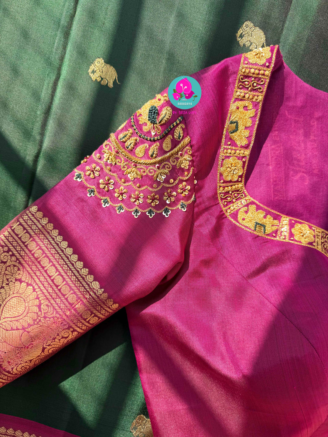 Vintage Majesty: Deep Bottle Green Pure Kanchipattu Saree with Hand-Woven Elephant Motifs & Magenta Glow