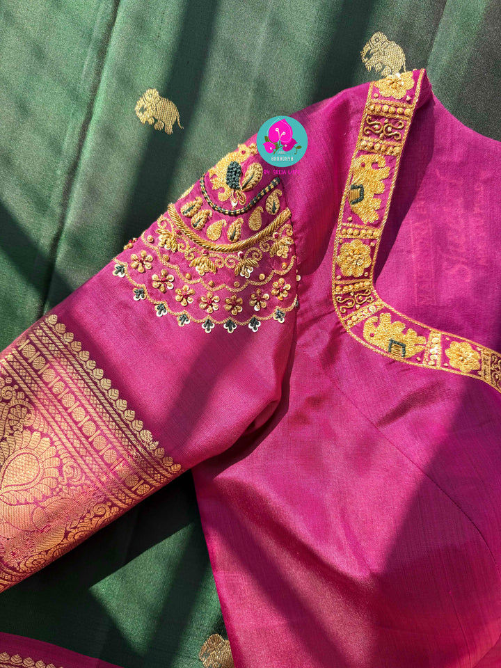 Vintage Majesty: Deep Bottle Green Pure Kanchipattu Saree with Hand-Woven Elephant Motifs & Magenta Glow