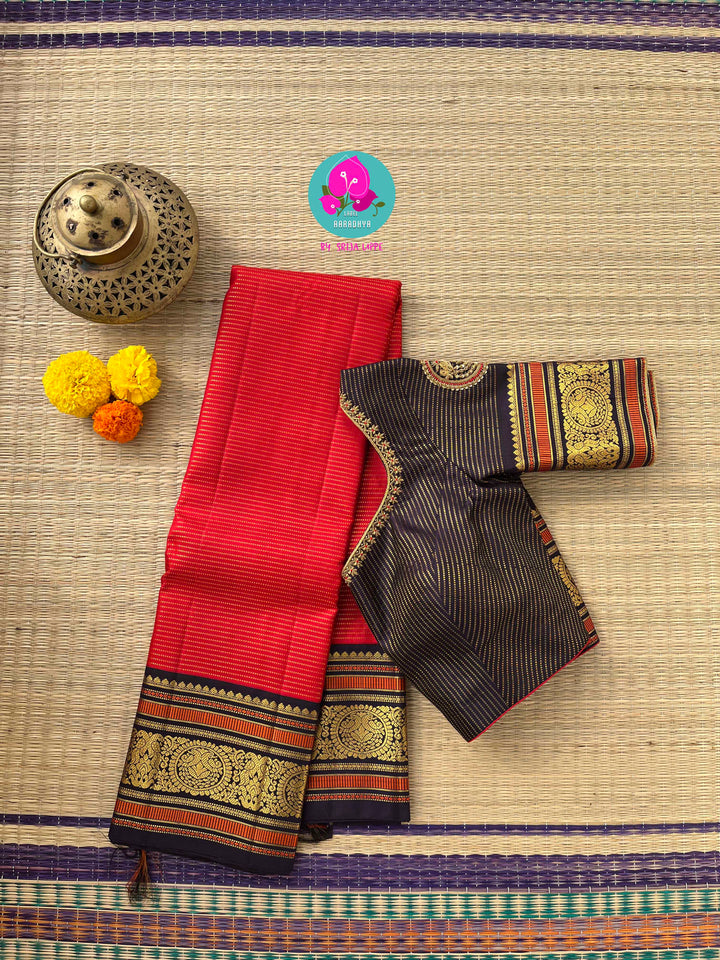 Red Vaira Oosi design Kanchipattu with Vintage Peacock Zari motifs & Embroidered Blouse