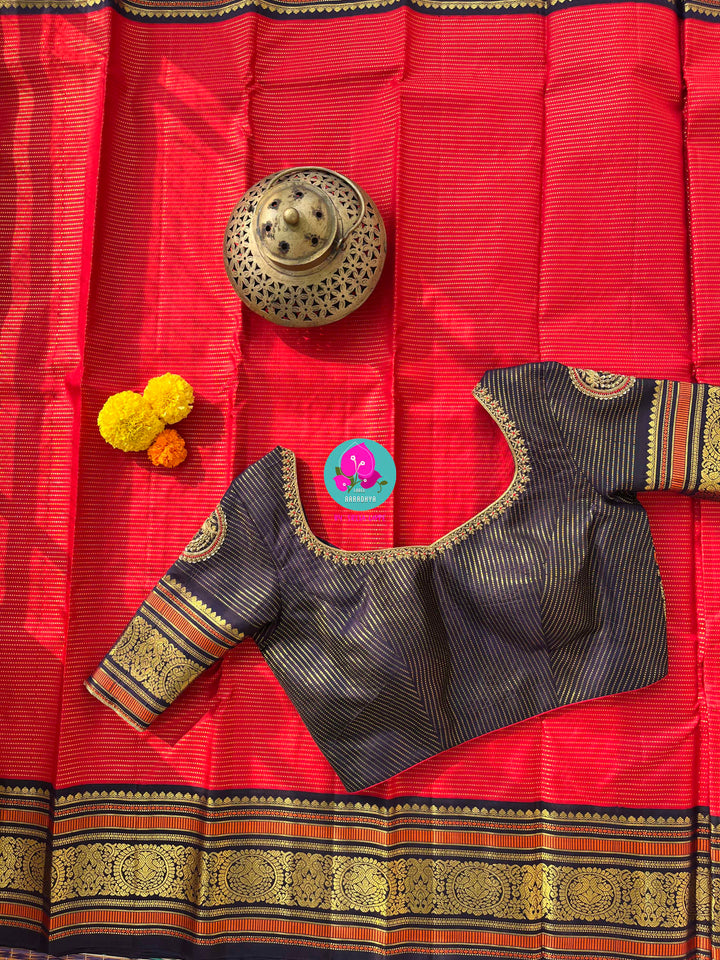 Red Vaira Oosi design Kanchipattu with Vintage Peacock Zari motifs & Embroidered Blouse
