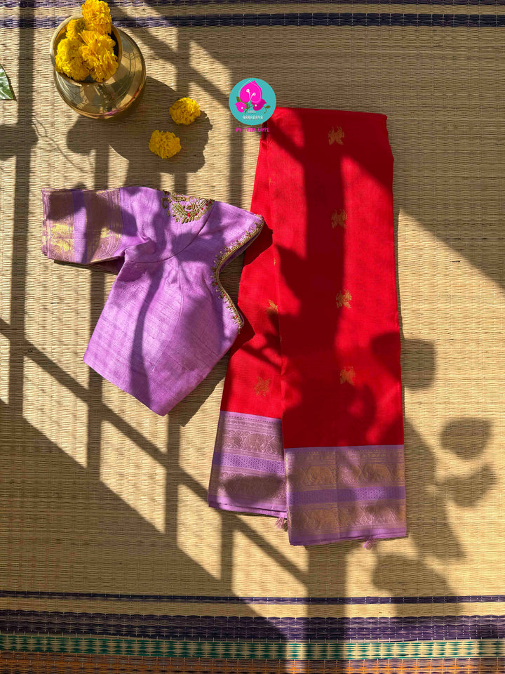 The Bold & The Beautiful: Deep Red Pure Kanchi Silk with Ethereal Lavender Borders & Artisan Embroidery