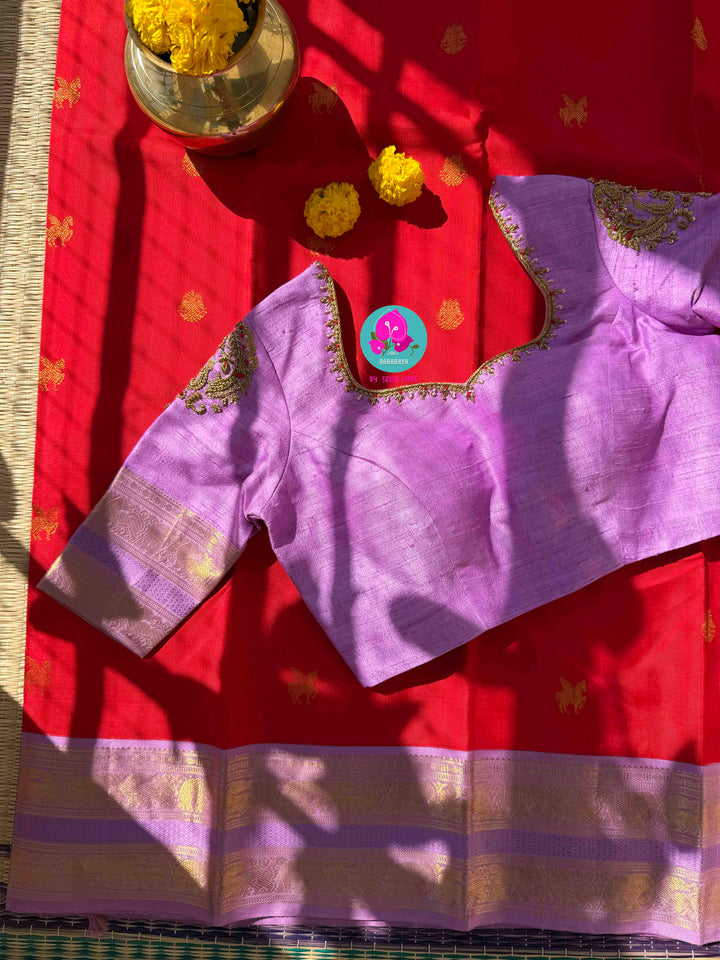 The Bold & The Beautiful: Deep Red Pure Kanchi Silk with Ethereal Lavender Borders & Artisan Embroidery