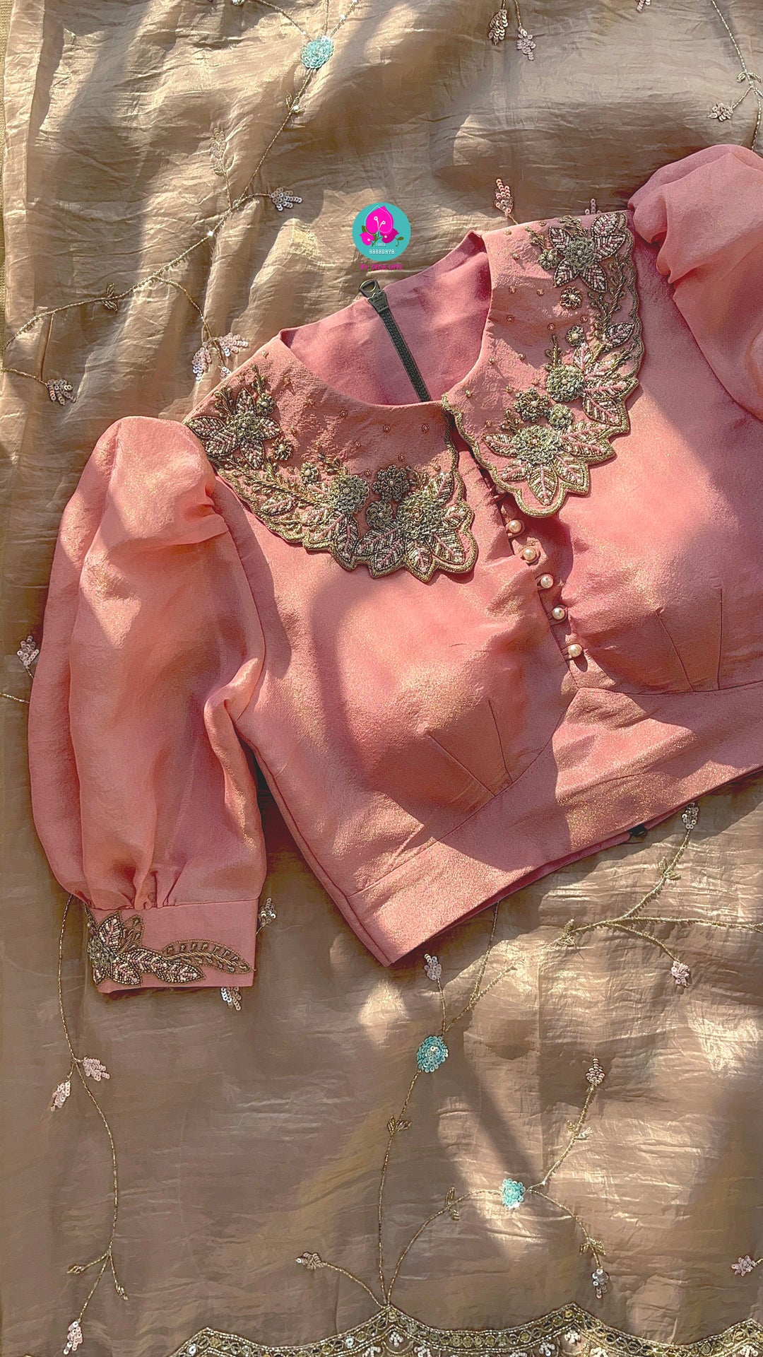 Soft crushed organza hand embroidered saree paired with Hand Embroidered tissue silk blouse