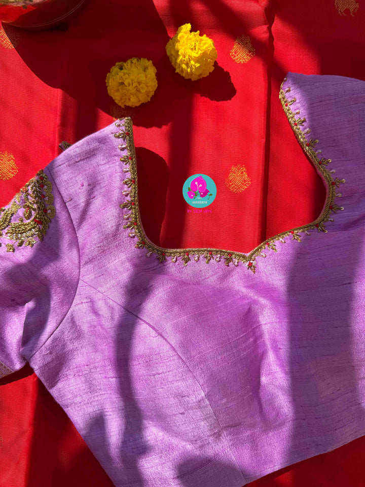 The Bold & The Beautiful: Deep Red Pure Kanchi Silk with Ethereal Lavender Borders & Artisan Embroidery