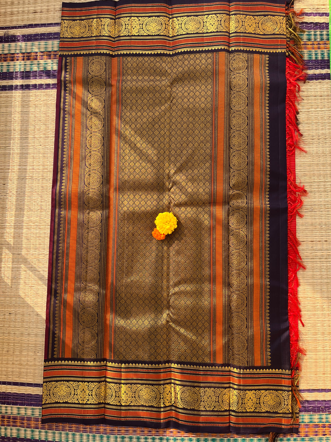Red Vaira Oosi design Kanchipattu with Vintage Peacock Zari motifs & Embroidered Blouse