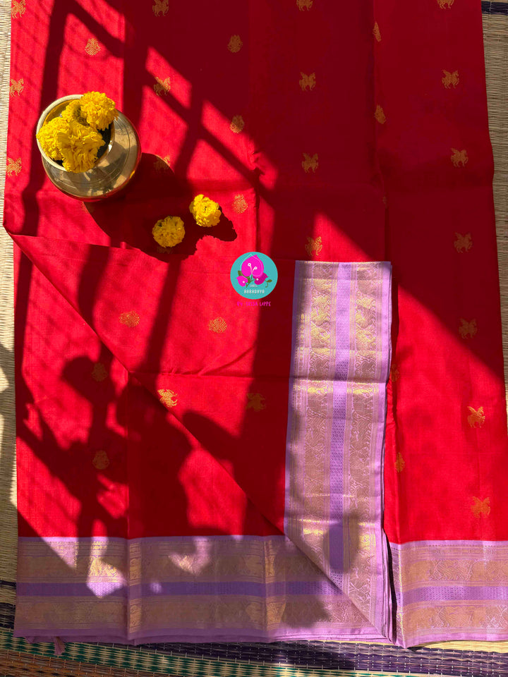 The Bold & The Beautiful: Deep Red Pure Kanchi Silk with Ethereal Lavender Borders & Artisan Embroidery