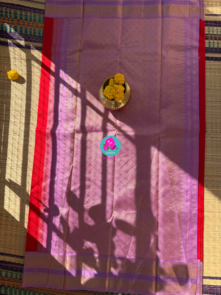 The Bold & The Beautiful: Deep Red Pure Kanchi Silk with Ethereal Lavender Borders & Artisan Embroidery