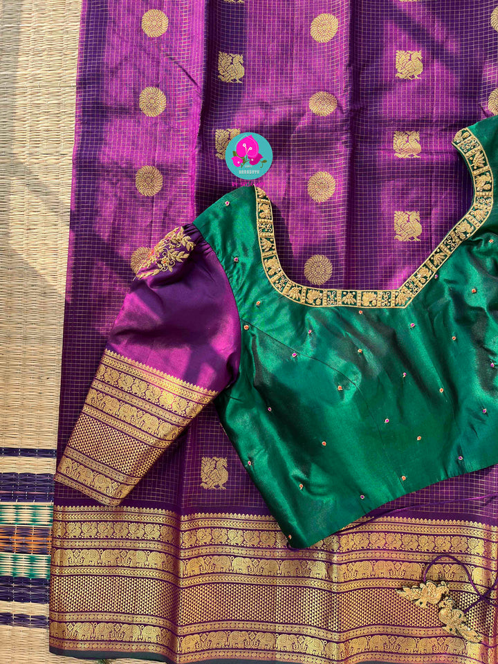 Amethyst Night: Kanchipuram Vaira Oosi Saree with Hand-Embroidered Dual-Tone Blouse