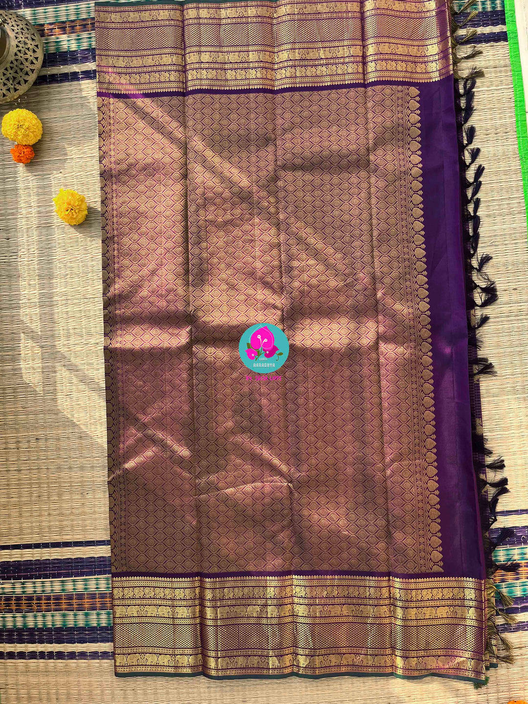 Amethyst Night: Kanchipuram Vaira Oosi Saree with Hand-Embroidered Dual-Tone Blouse