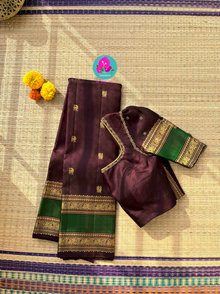 Earth & Evergreen: Classic Kanchipattu saree in Brown with Bold 2G Zari Border