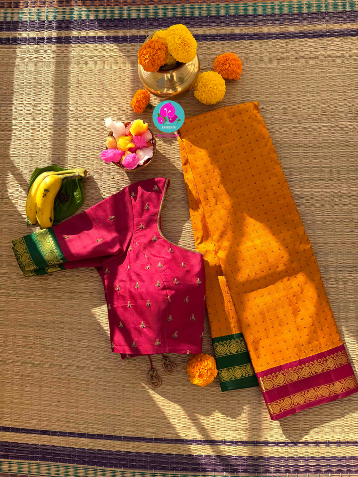 Luminous Mustard Kanchipattu Silk with Timeless Crimson & Emerald Dual Gapped Borders