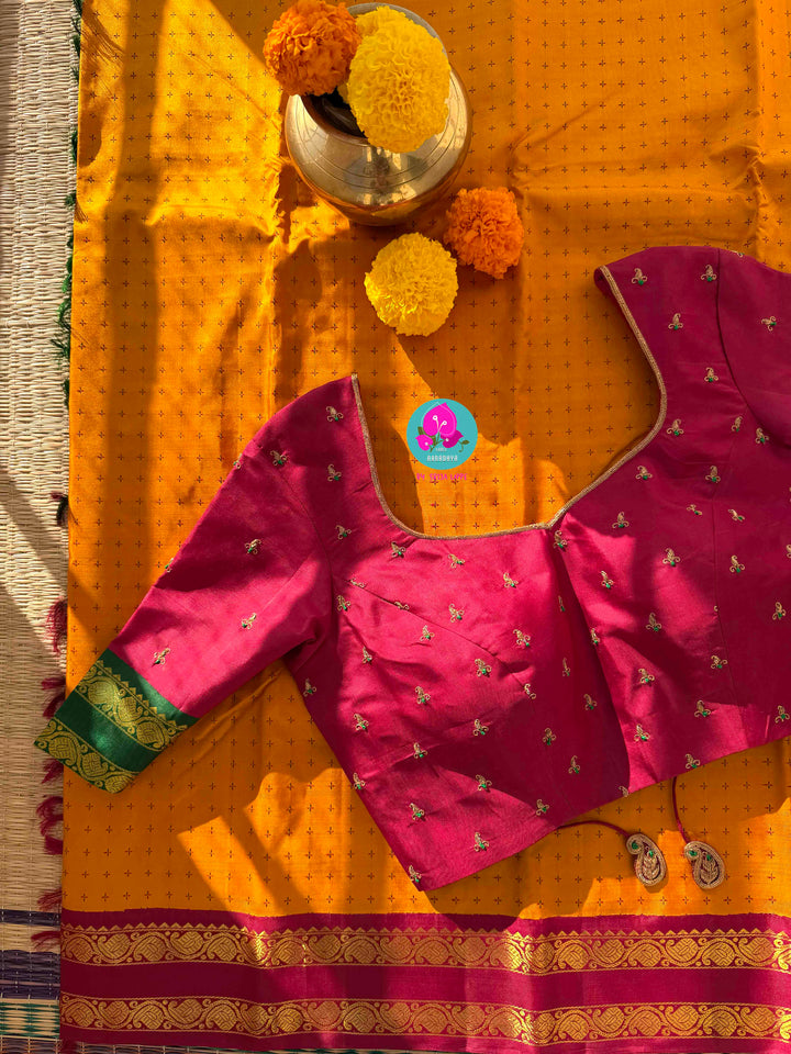 Luminous Mustard Kanchipattu Silk with Timeless Crimson & Emerald Dual Gapped Borders