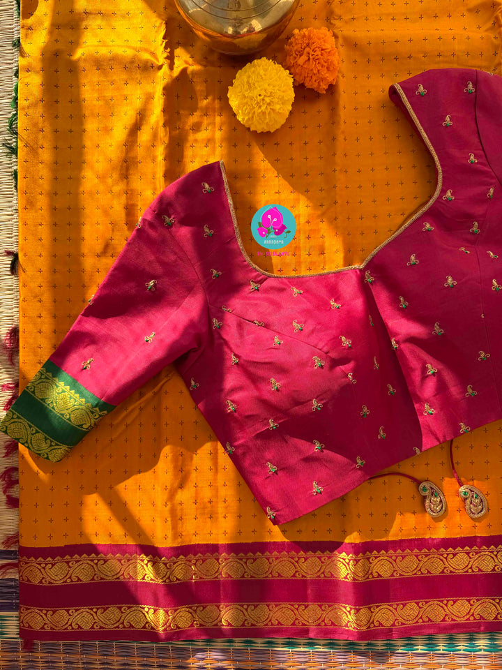Luminous Mustard Kanchipattu Silk with Timeless Crimson & Emerald Dual Gapped Borders