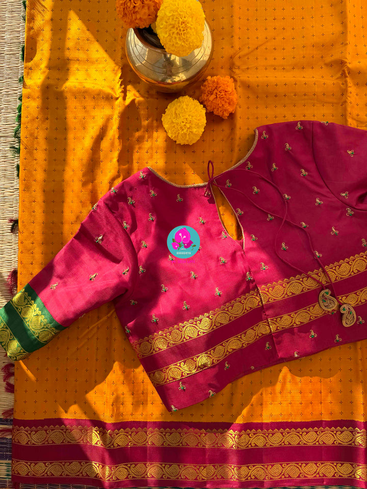 Luminous Mustard Kanchipattu Silk with Timeless Crimson & Emerald Dual Gapped Borders